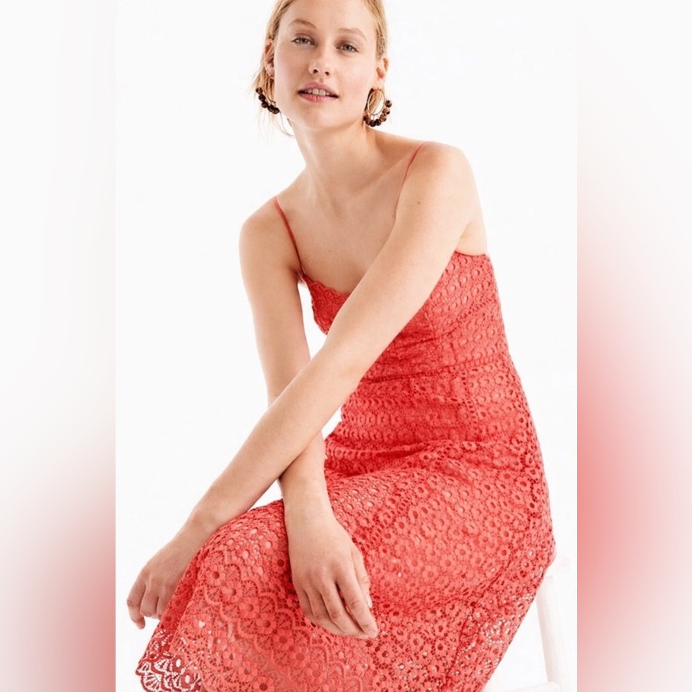 J Crew Daisy Lace Dress XS 00 Orange Coral Midi Fit Flare Sleeveless wedding - Picture 15 of 16